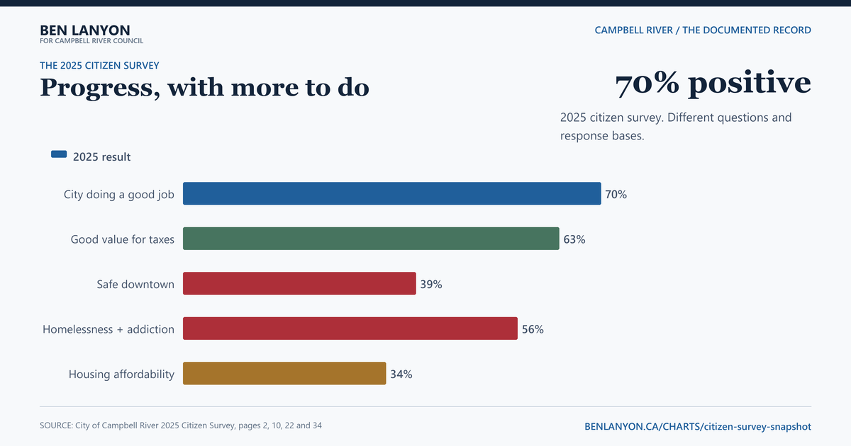 Residents see progress, but there's still so much to do. Most respondents said the City is doing a good job and provides good value for municipal taxes. Only 39% felt safe or very safe downtown.